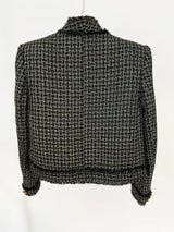 Blazer em Tweed Xadrez com Fios Dourados e Botões Ornamentais