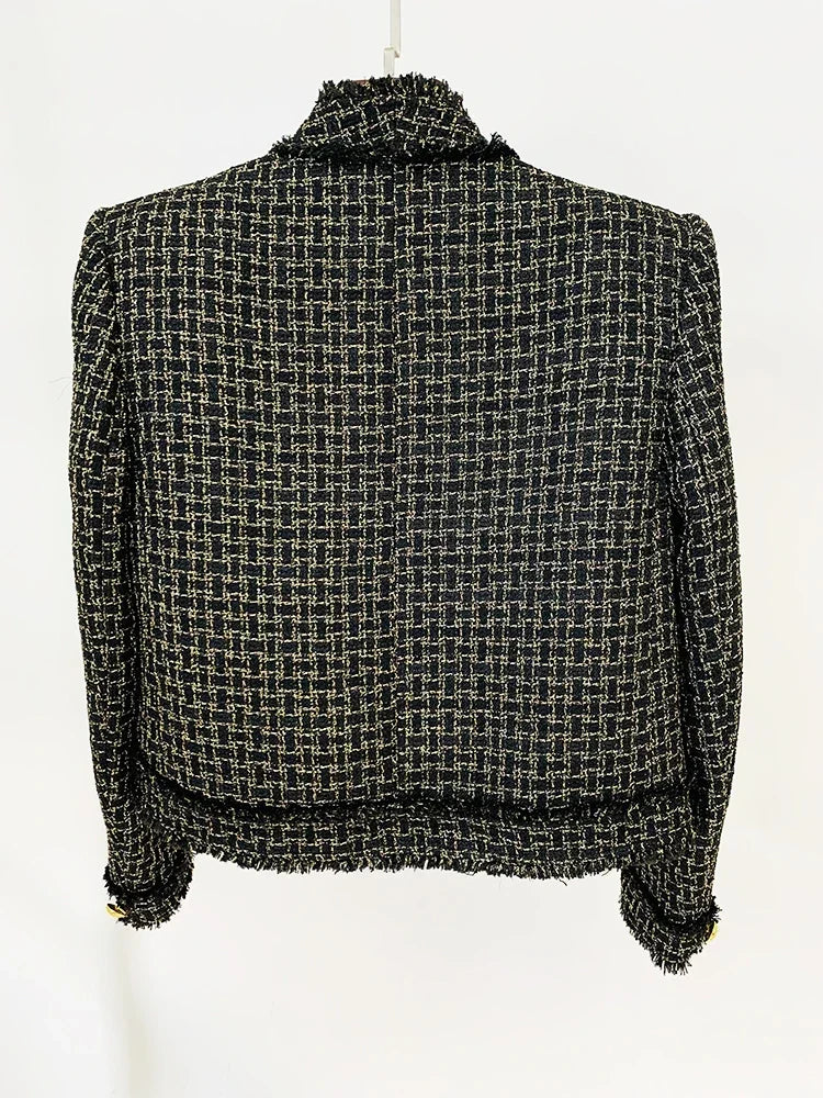 Blazer em Tweed Xadrez com Fios Dourados e Botões Ornamentais