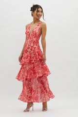 Valentina | Vestido Longo Floral com Babados em Camadas e Decote V