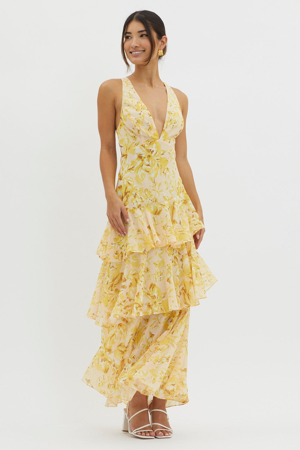 Valentina | Vestido Longo Floral com Babados em Camadas e Decote V