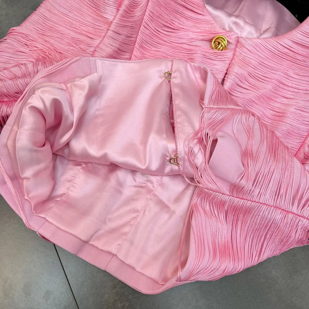 Jaqueta Curta de Luxo com Textura de Franjas Lineares e Botões Dourados