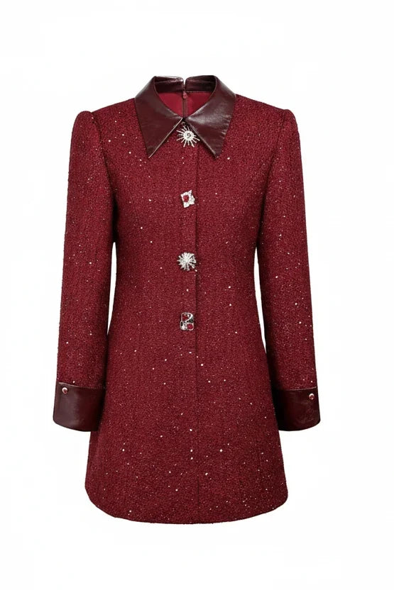 Casaco Vestido Mid-Length em Tweed Bordô com Botões Ornamentais