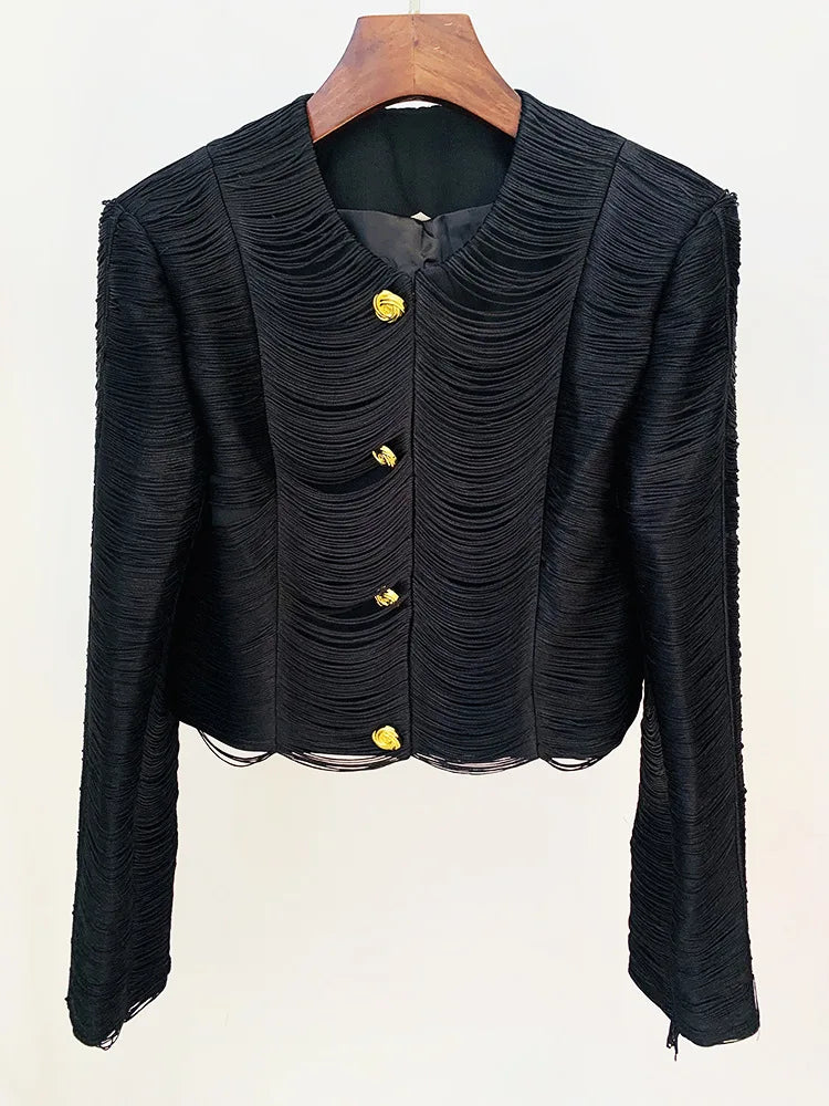 Jaqueta Curta de Luxo com Textura de Franjas Lineares e Botões Dourados