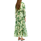 Lorena | Vestido Longo Estampado com Cintura Marcada e Manga Longa