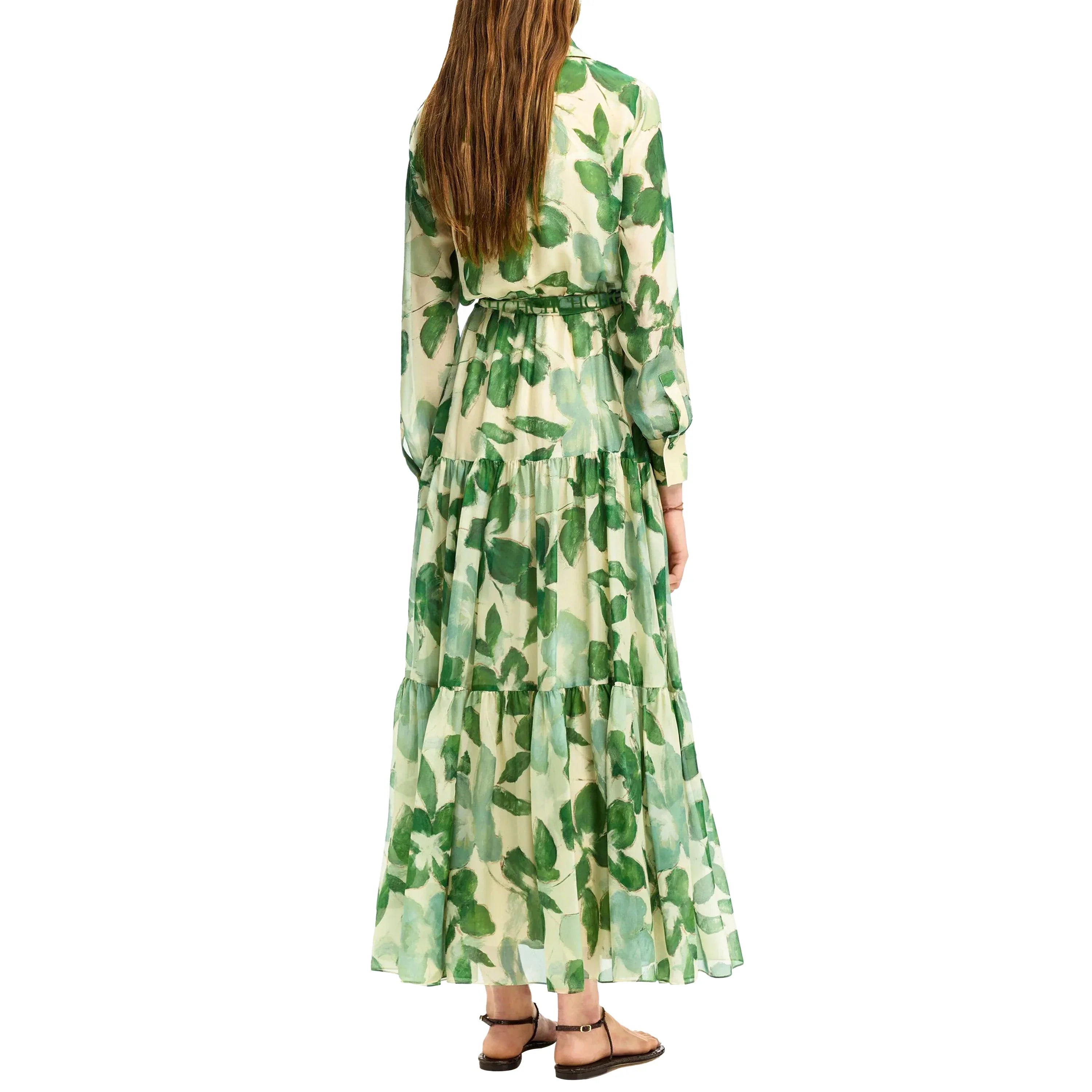 Lorena | Vestido Longo Estampado com Cintura Marcada e Manga Longa