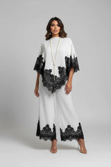 Conjunto Cetim com Aplicação de Renda, Blusa Capa e Calça Wide Leg