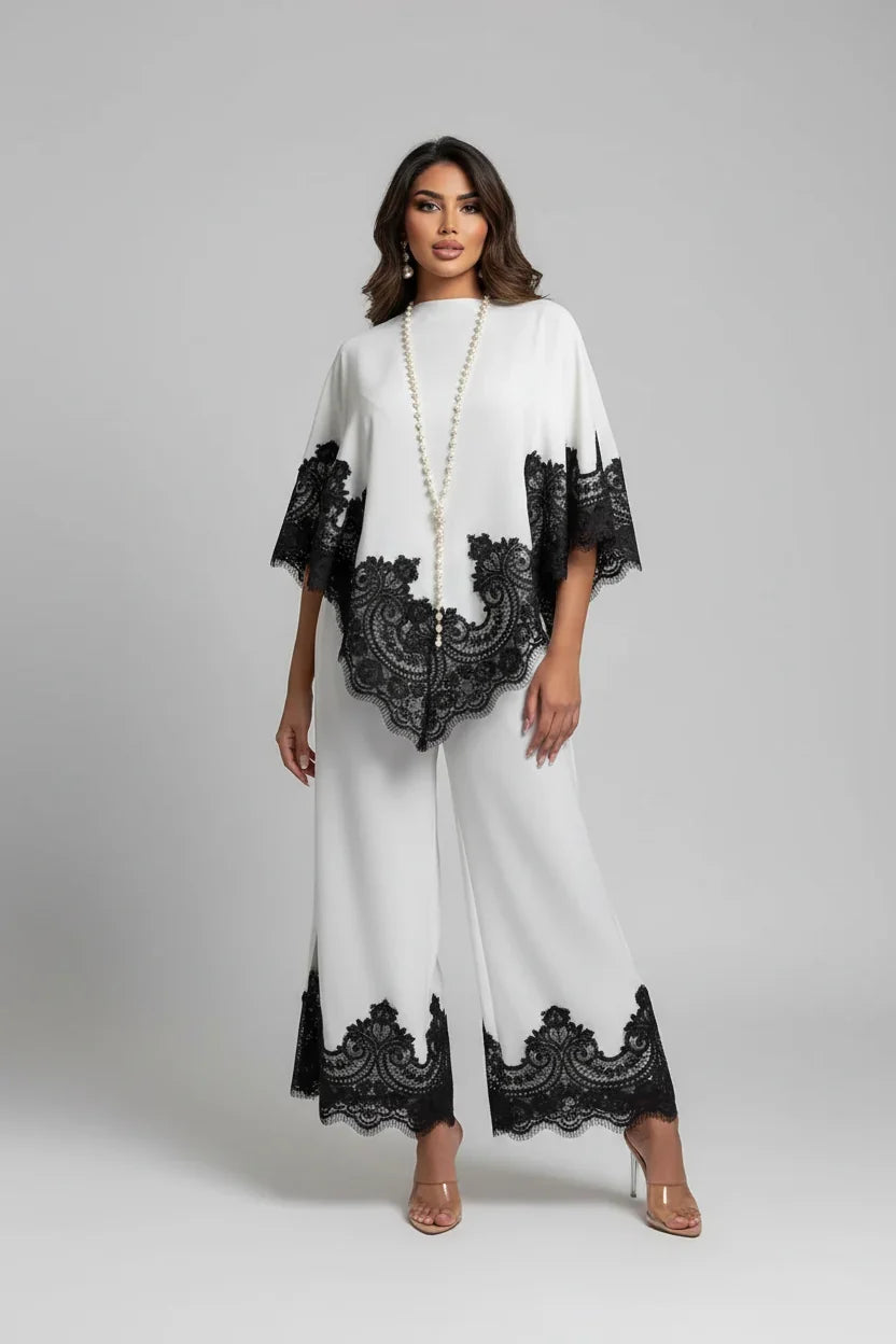Conjunto Cetim com Aplicação de Renda, Blusa Capa e Calça Wide Leg