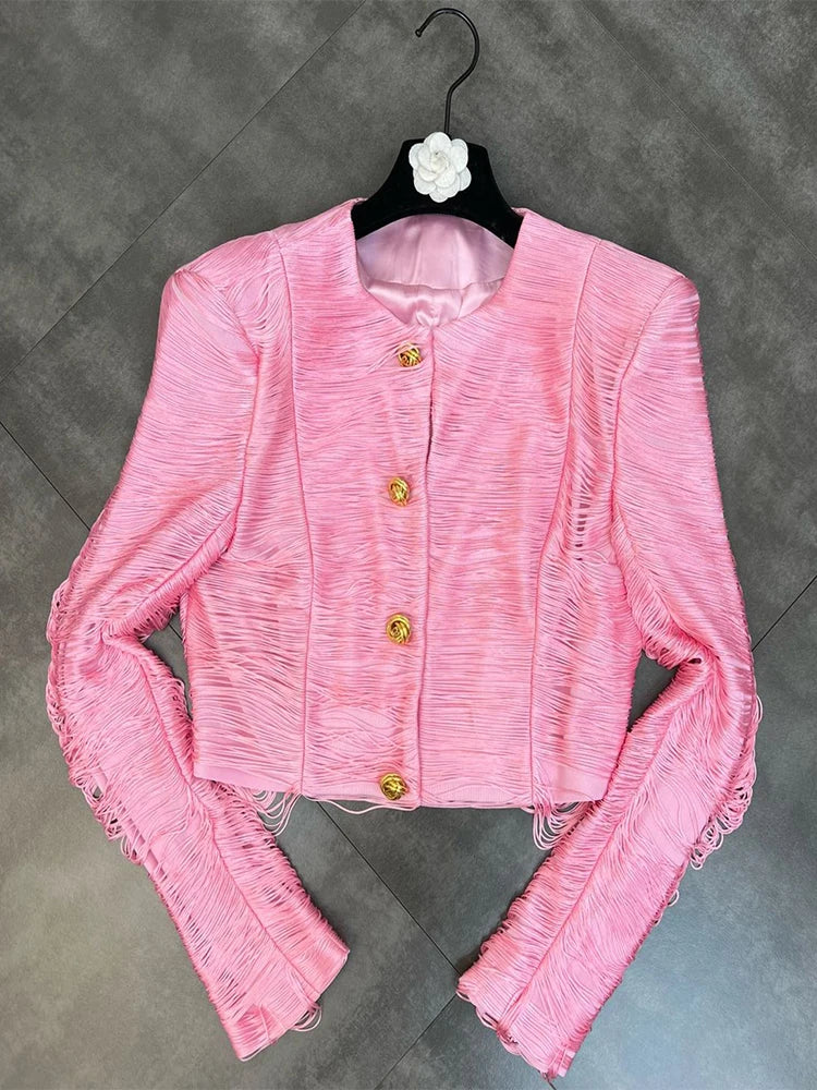Jaqueta Curta de Luxo com Textura de Franjas Lineares e Botões Dourados