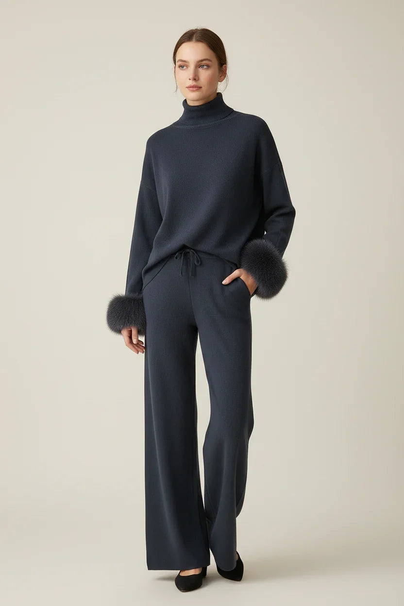 Conjunto Sofisticado de Inverno: Blusa com Punhos em Textura e Calça