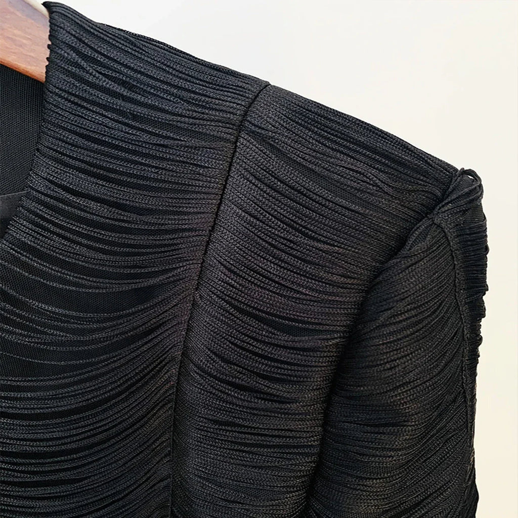 Jaqueta Curta de Luxo com Textura de Franjas Lineares e Botões Dourados