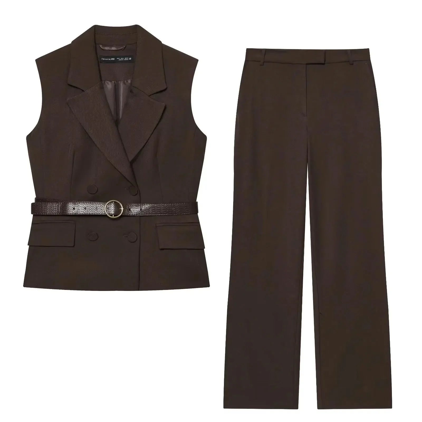 Conjunto Contemporâneo Sem Mangas com Cinto e Calça de Alfaiataria