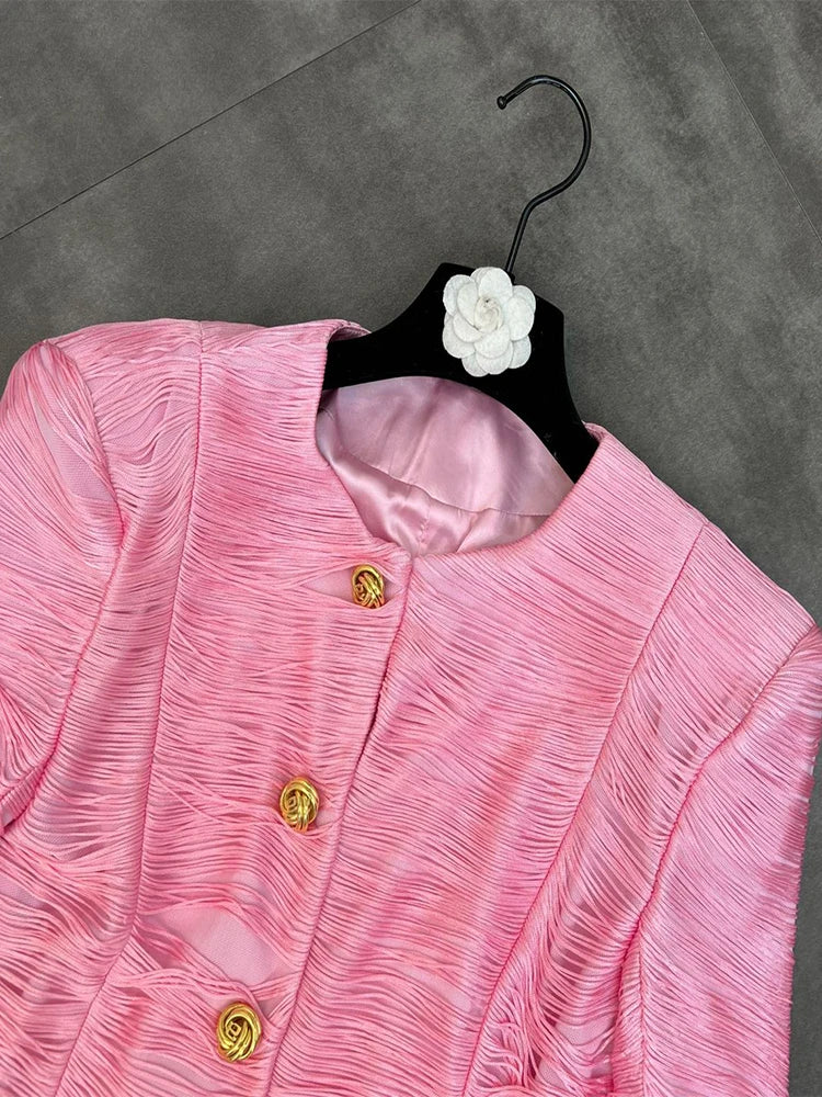 Jaqueta Curta de Luxo com Textura de Franjas Lineares e Botões Dourados