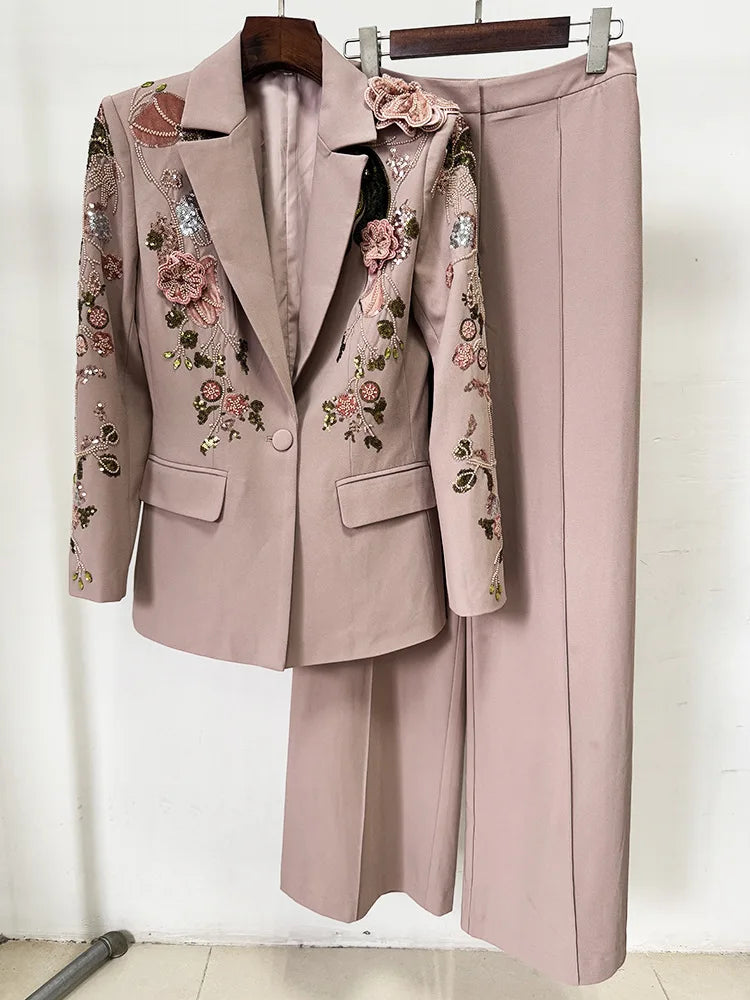Conjunto Blazer Decorado em Bordado 3D e Calça Ampla Elegante