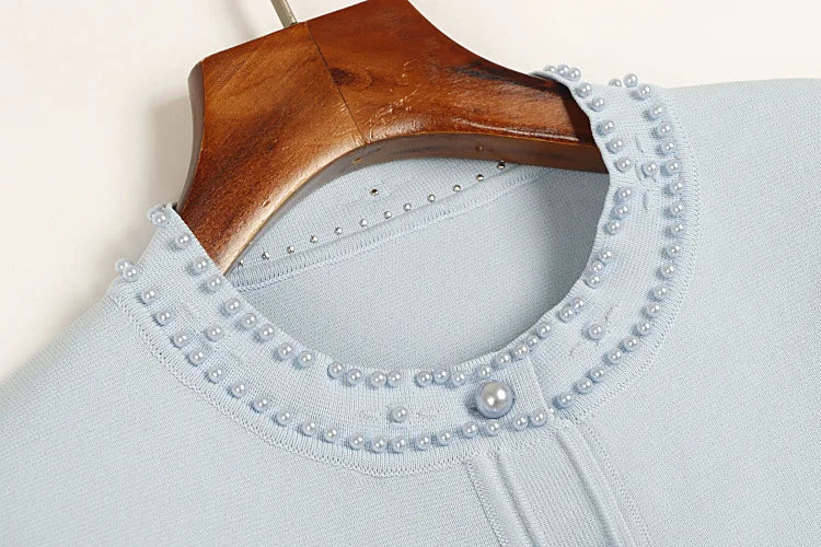 Cardigan em Tricô com Aplicações de Pérolas – Azul Serenity