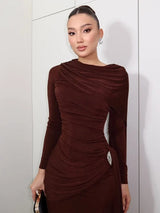 Vestido Longo Ajustado ao Corpo de Manga Longa com Franzido e Fita Lateral