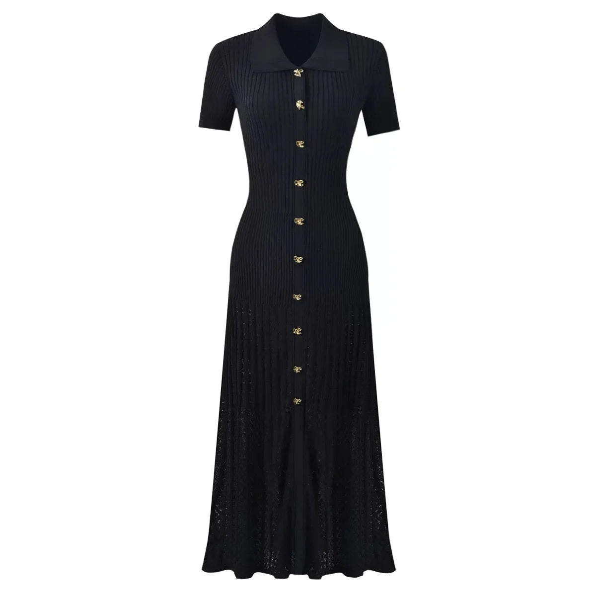 Vestido Midi em Tricô Canelado com Gola Boneca e Saia Plissada