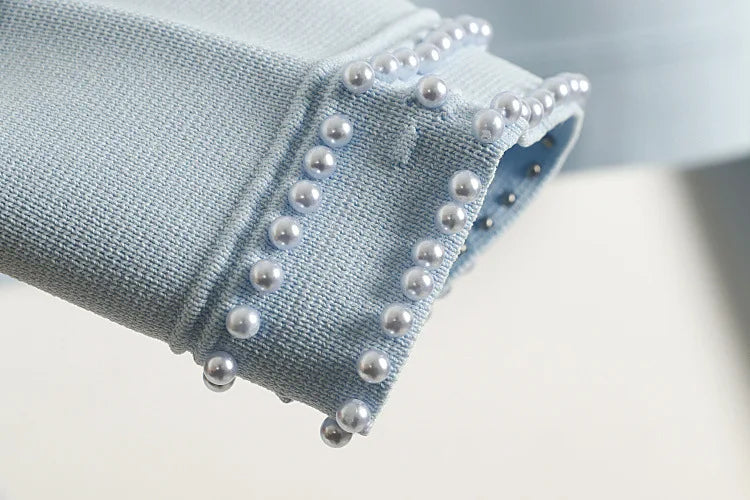 Cardigan em Tricô com Aplicações de Pérolas – Azul Serenity
