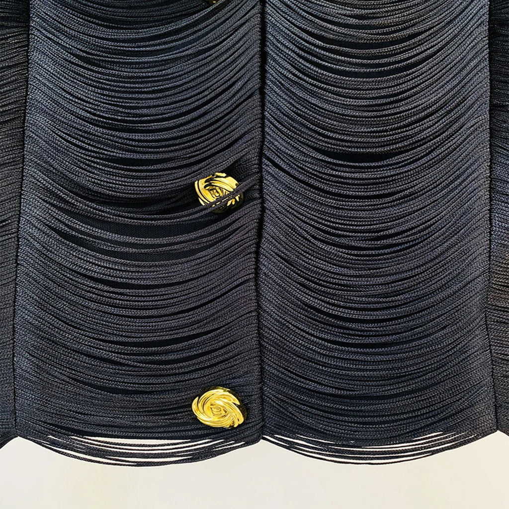 Jaqueta Curta de Luxo com Textura de Franjas Lineares e Botões Dourados