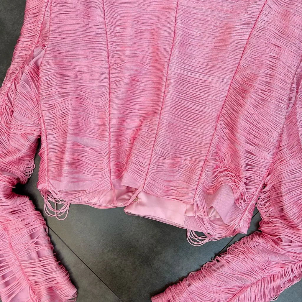 Jaqueta Curta de Luxo com Textura de Franjas Lineares e Botões Dourados