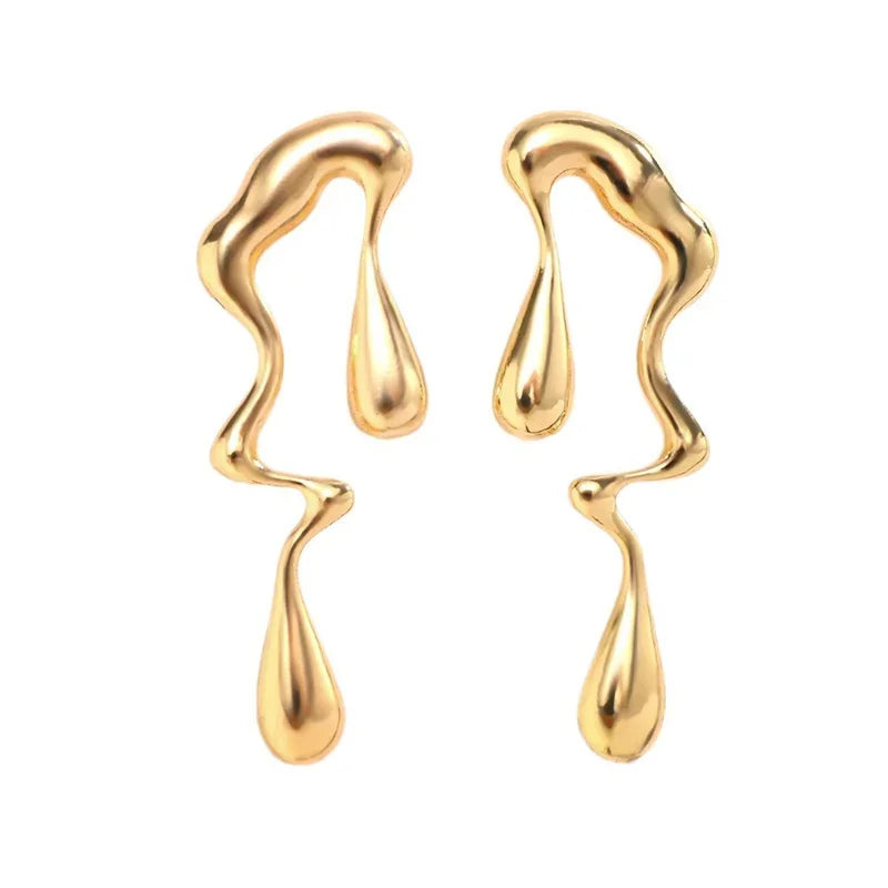 Brincos Longos Geométricos Gota Irregular em Metal Dourado Vintage