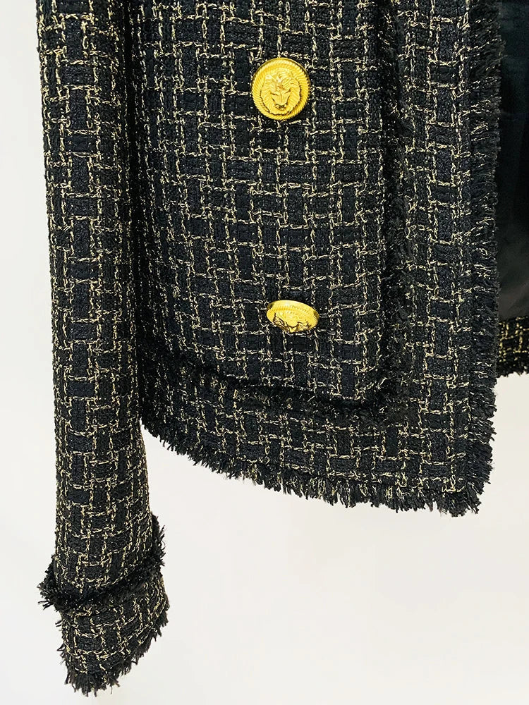 Blazer em Tweed Xadrez com Fios Dourados e Botões Ornamentais
