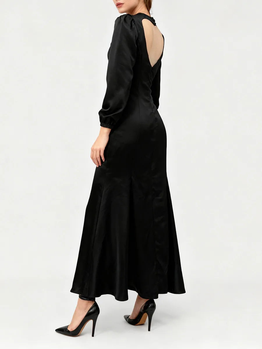 Vestido Sereia Elegante com Mangas Longas e Decote Costas em Formato de Coração