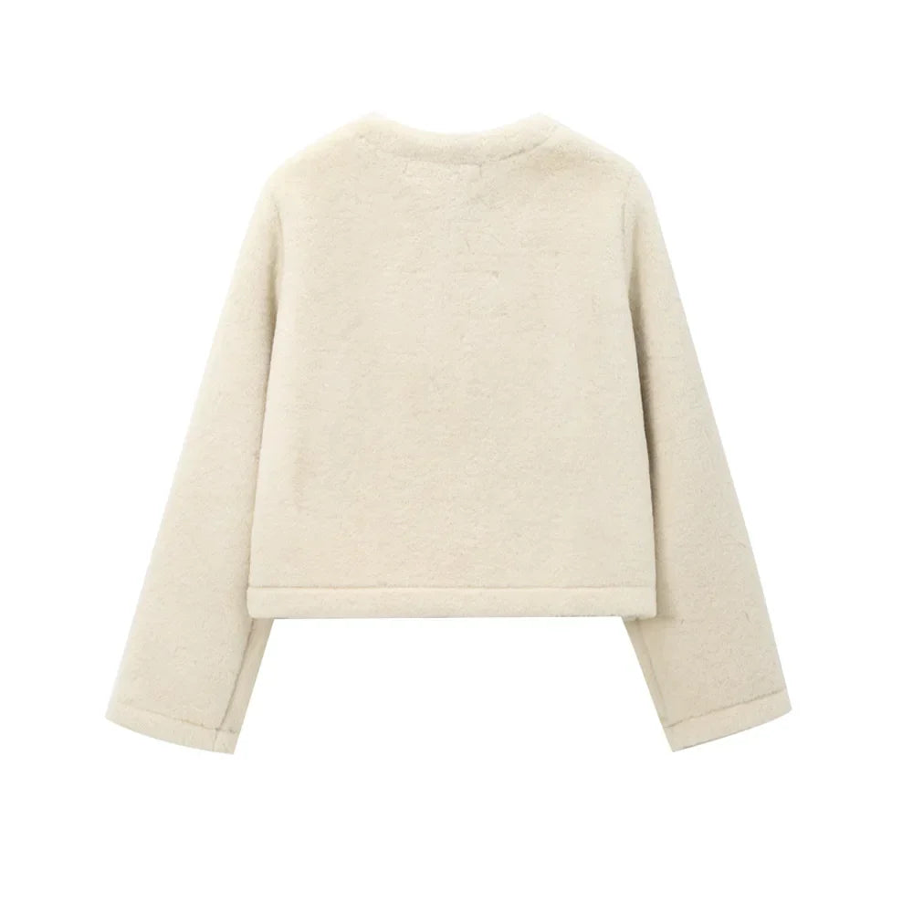 Berenice | Casaco Cropped em Shearling Bege com Fechamento em Toggles