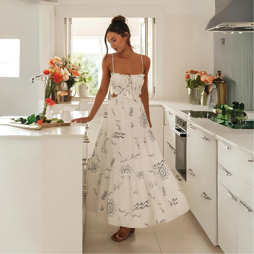 Lívia | Vestido Midi Branco com Estampa Botânica e Forro