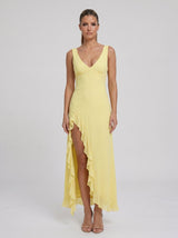 Zaretha | Vestido Longo Amarelo com Alças Finas e Fenda Alta