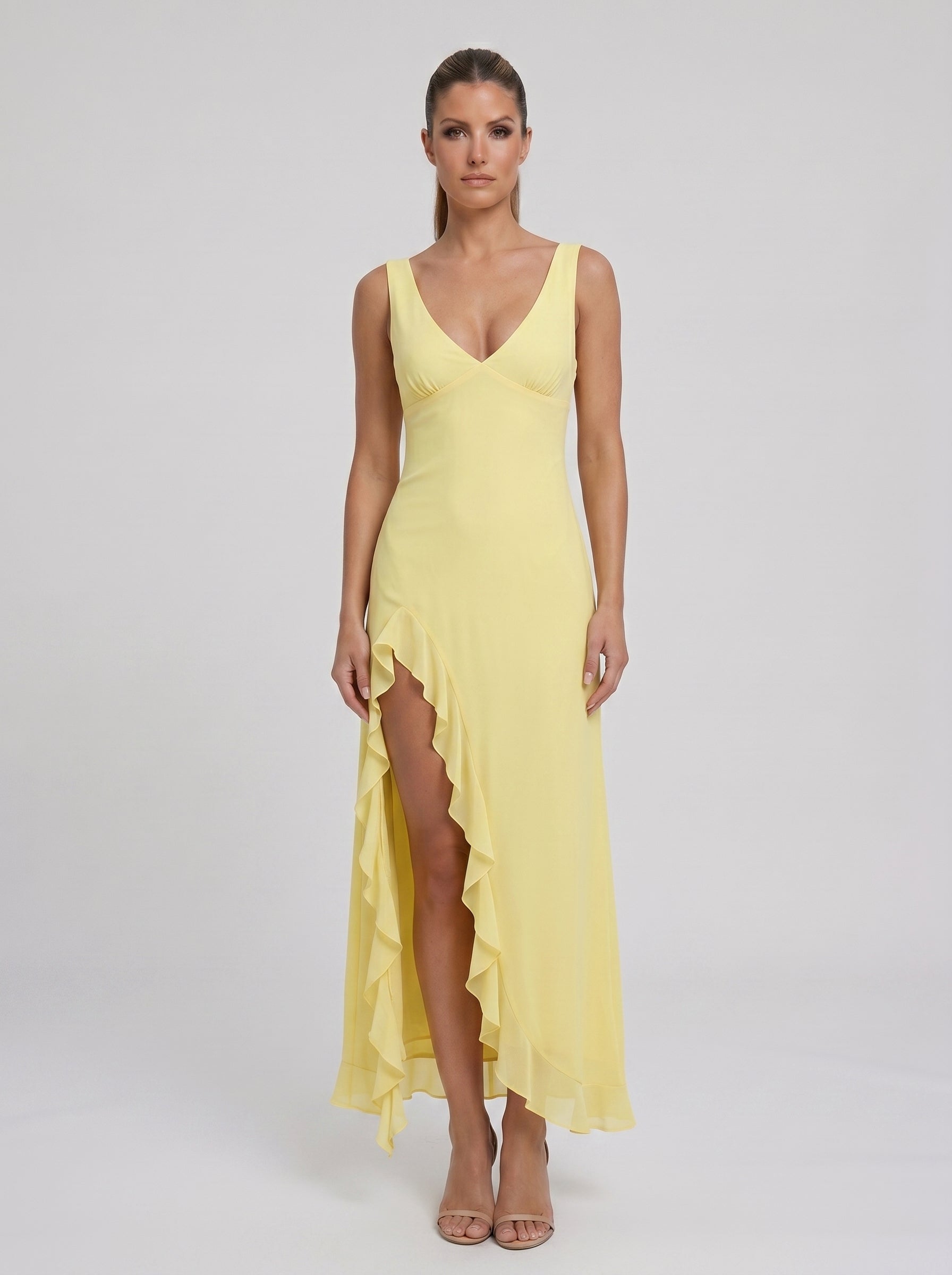 Zaretha | Vestido Longo Amarelo com Alças Finas e Fenda Alta