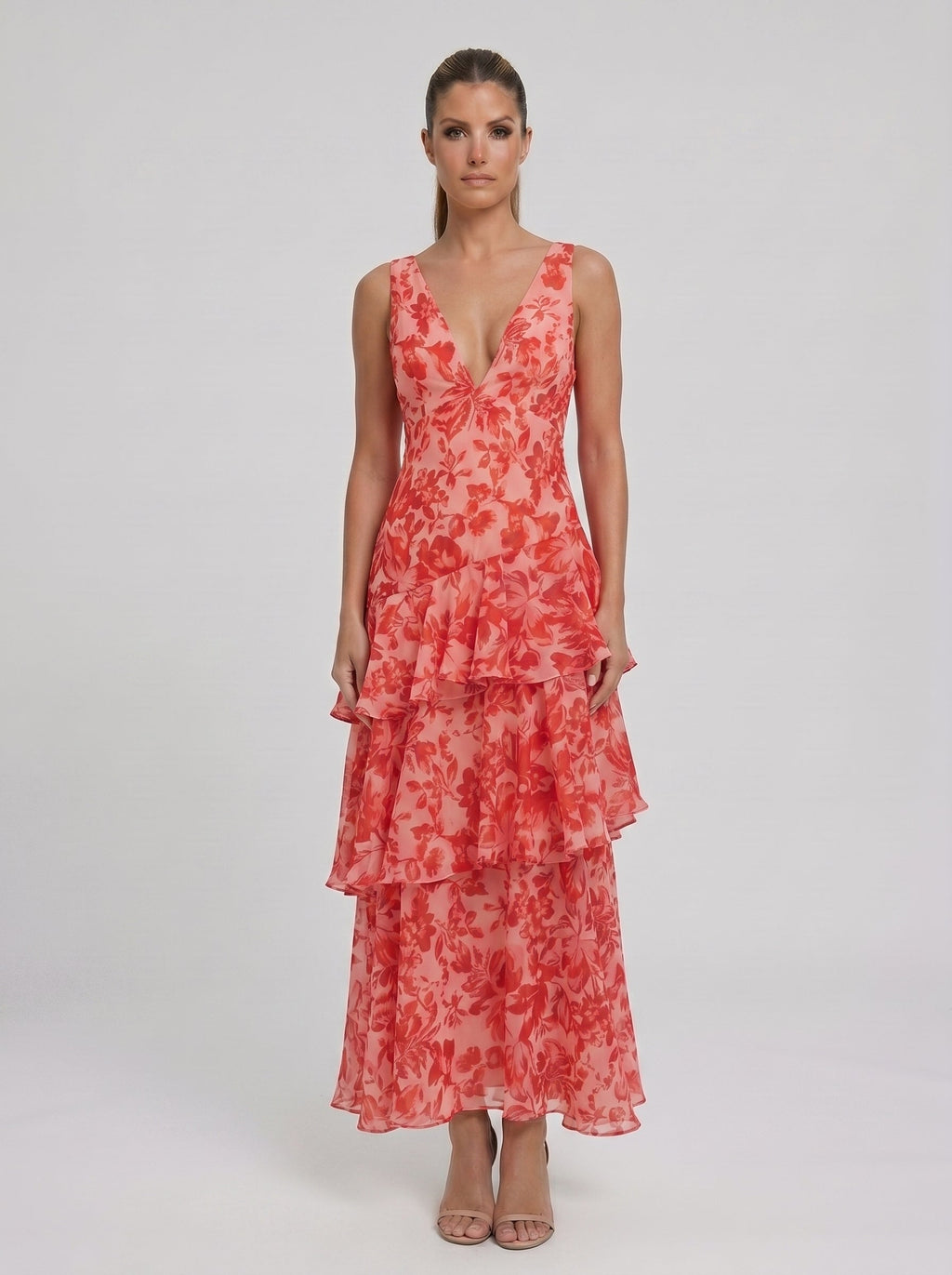 Valentina | Vestido Longo Floral com Babados em Camadas e Decote V