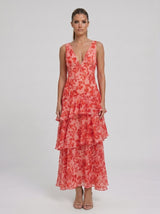Valentina | Vestido Longo Floral com Babados em Camadas e Decote V