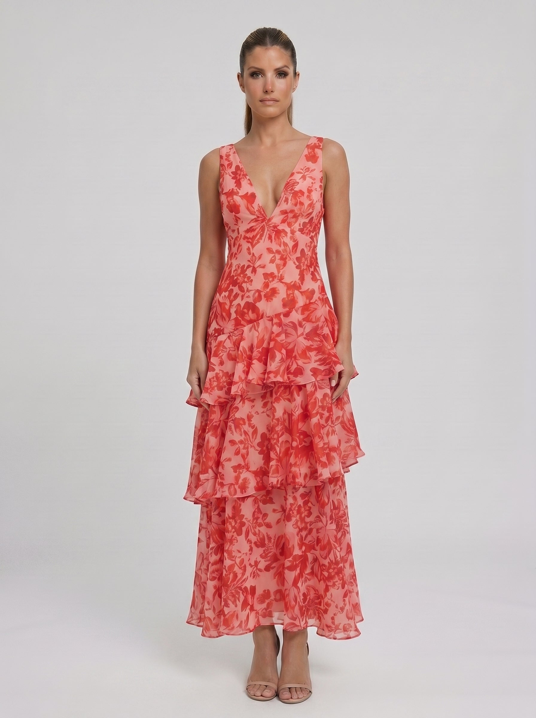 Valentina | Vestido Longo Floral com Babados em Camadas e Decote V
