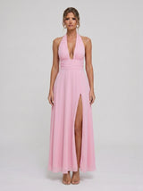 Clarisse | Vestido Longo Rosa com Decote Halter Profundo e Fenda Alta