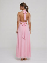 Clarisse | Vestido Longo Rosa com Decote Halter Profundo e Fenda Alta