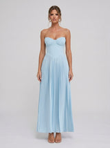 Isadora | Vestido Longo Azul Céu com Corpete Tomara que Caia e Saia Plissada
