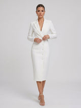 Cecília | Vestido Blazer Midi Branco com Decote V Profundo e Manga Longa