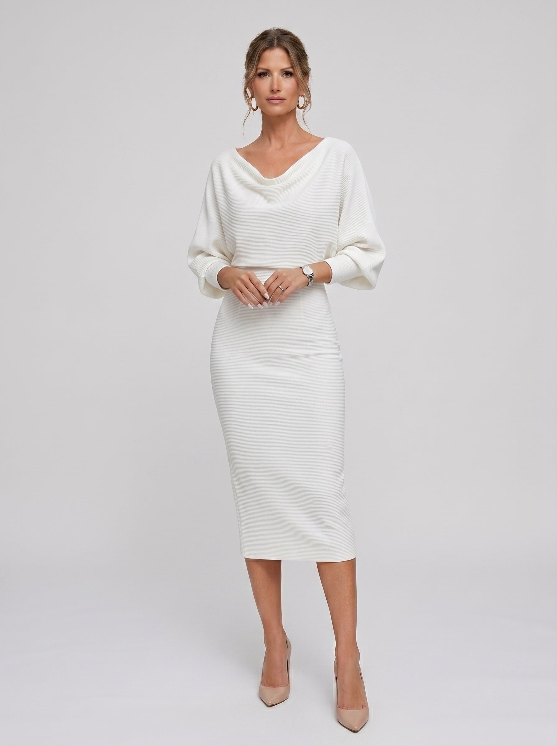 Dulce | Vestido Midi em Malha com Mangas Bufantes e Decote em V