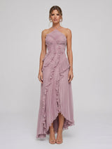 Salomé | Vestido Longo Rosa Antigo em Renda com Babados Assimétricos e Barra Irregular