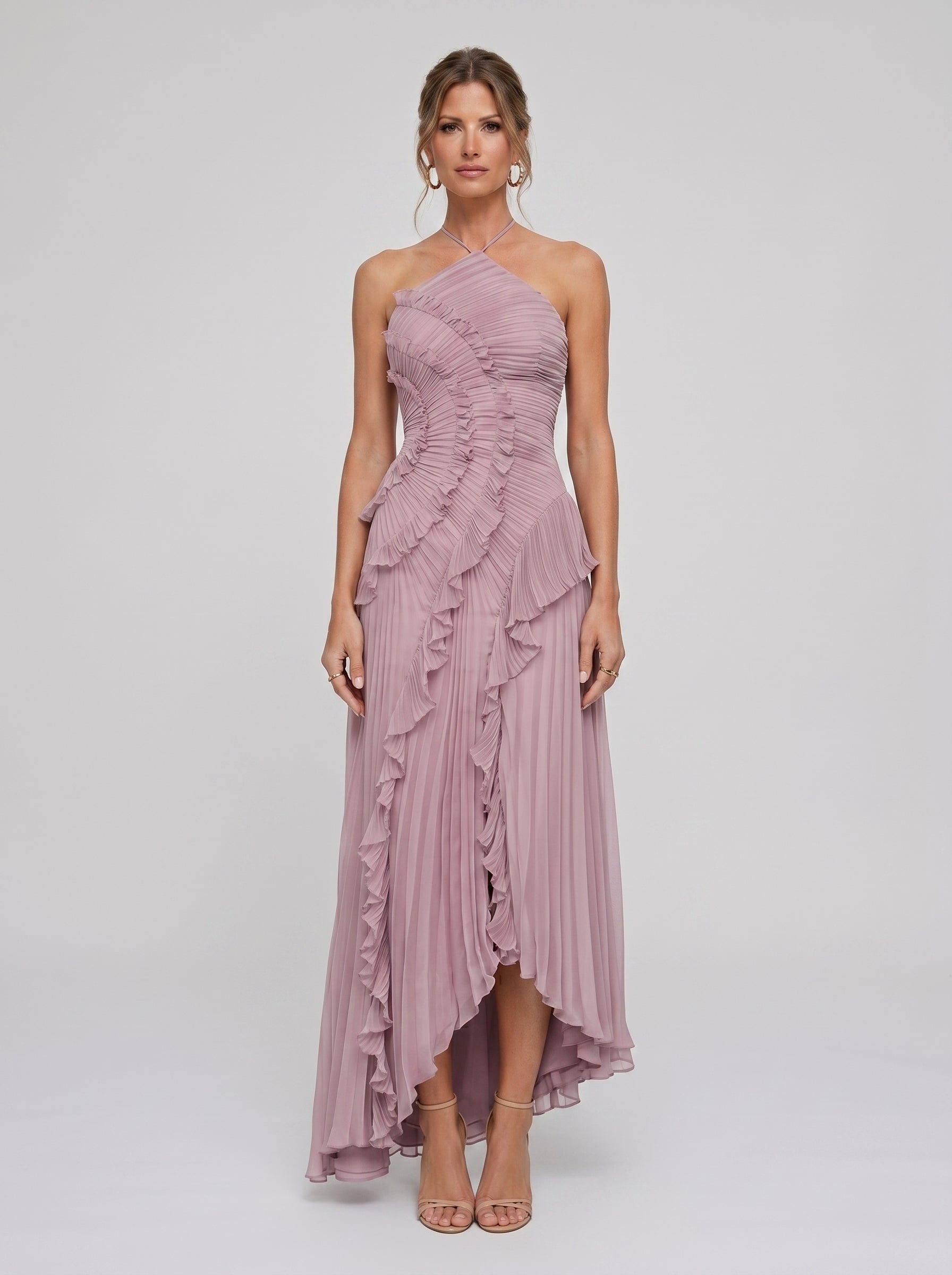 Salomé | Vestido Longo Rosa Antigo em Renda com Babados Assimétricos e Barra Irregular