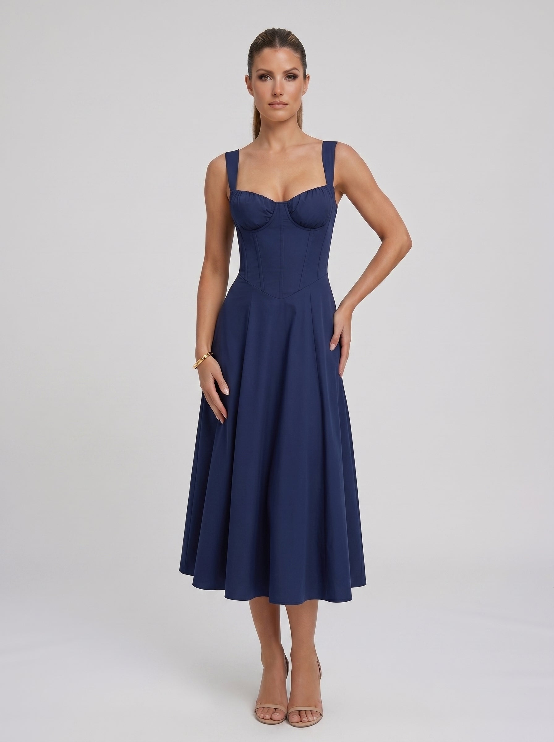 Adriana | Vestido Midi Azul Marinho com Corpete Franzido e Saia Evasê