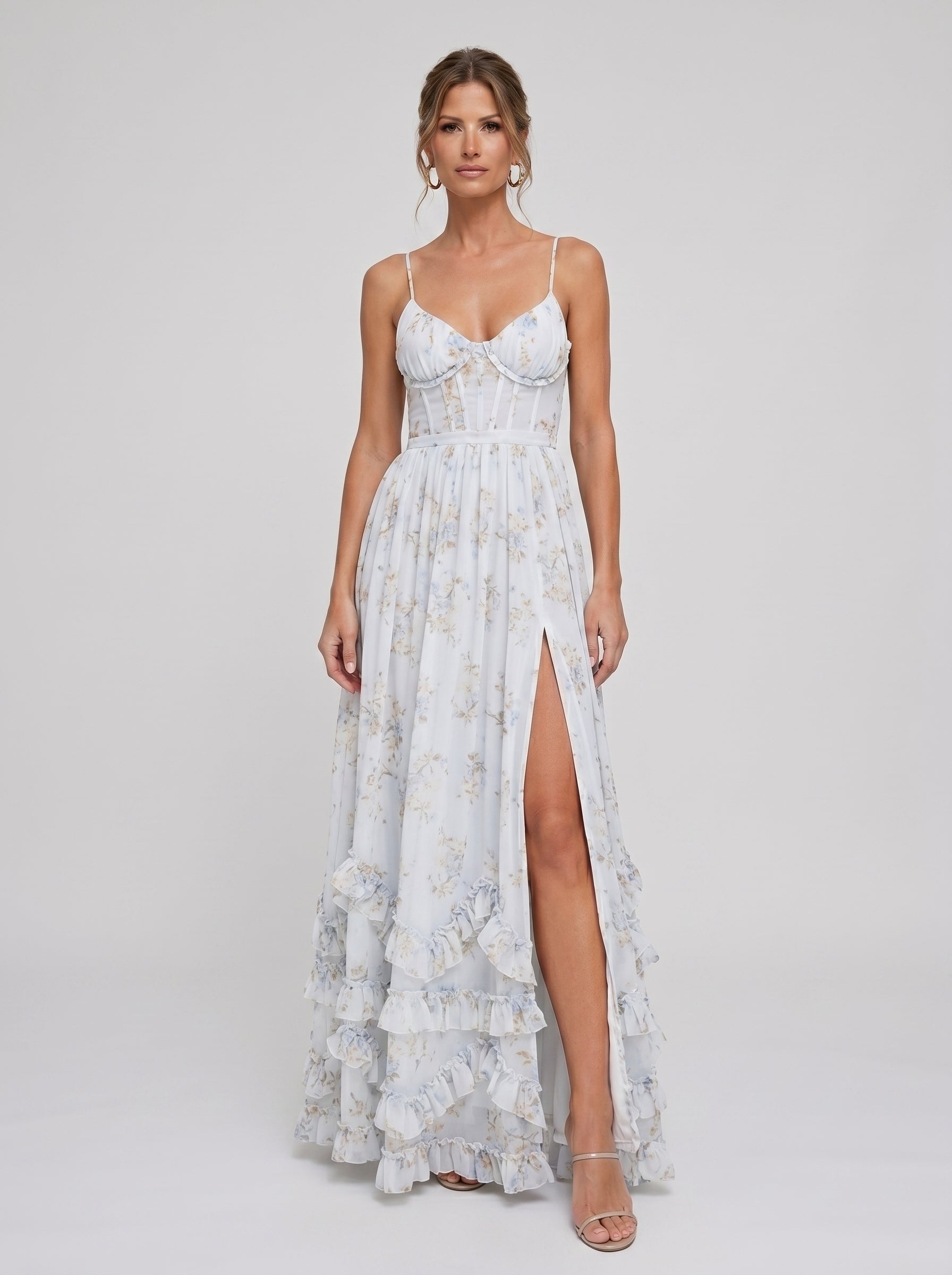 Lídia | Vestido Longo Floral em Tule com Fenda e Decote em V Profundo
