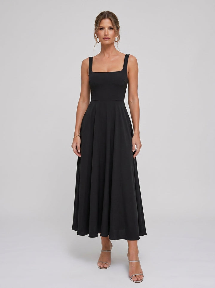 Marta | Vestido Midi Preto com Alças Largas e Saia Evasê de Caimento Perfeito