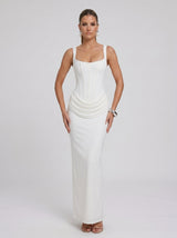 Vera | Vestido Longo Branco com Alças Largas e Silhueta Slim de Alta Costura