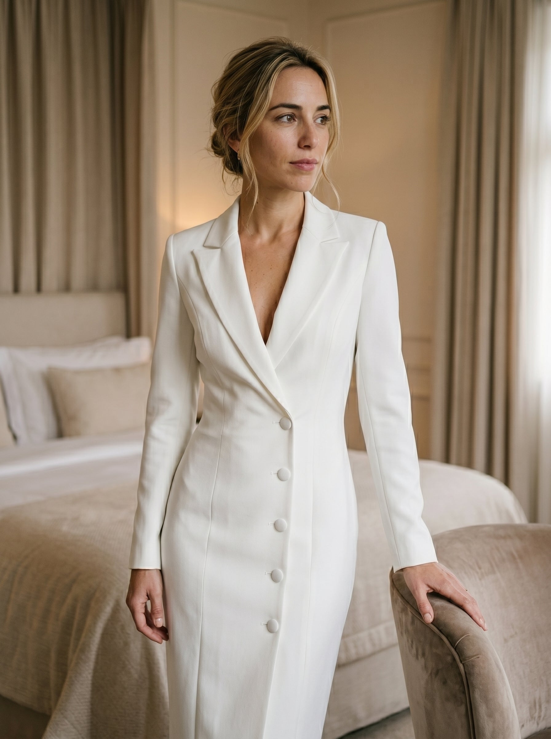 Cecília | Vestido Blazer Midi Branco com Decote V Profundo e Manga Longa