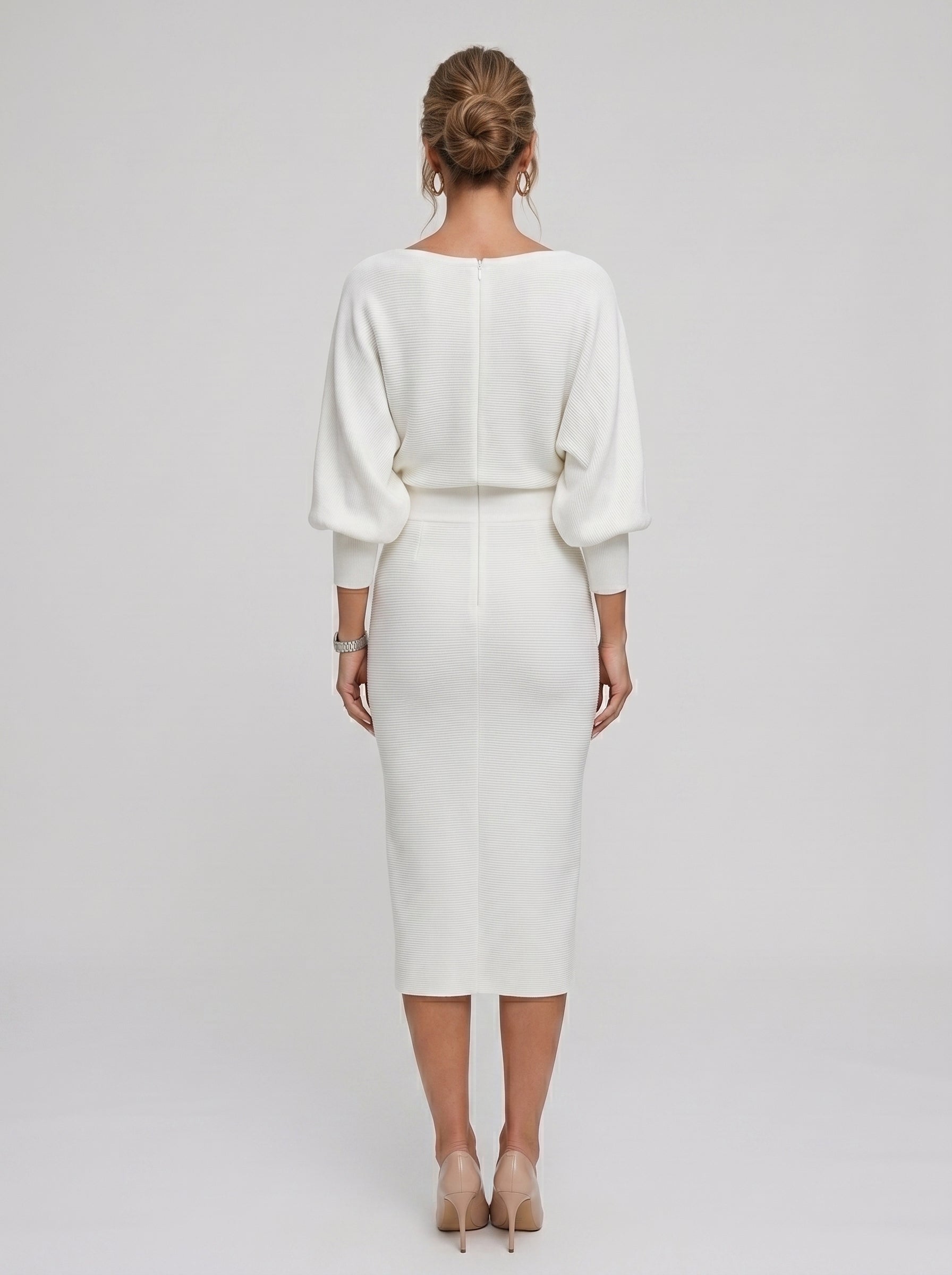 Dulce | Vestido Midi em Malha com Mangas Bufantes e Decote em V