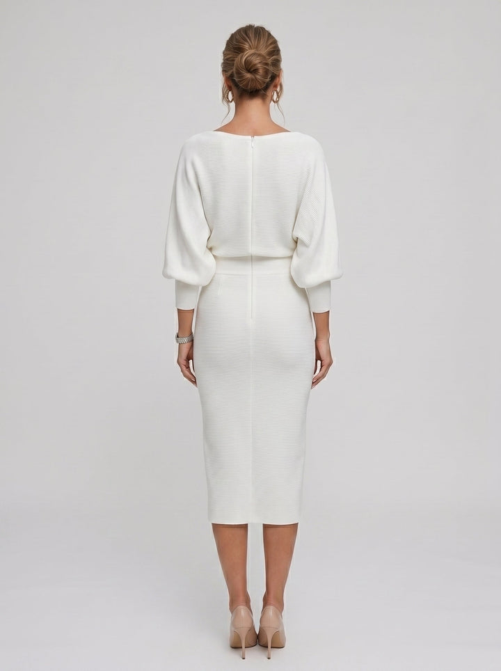 Dulce | Vestido Midi em Malha com Mangas Bufantes e Decote em V