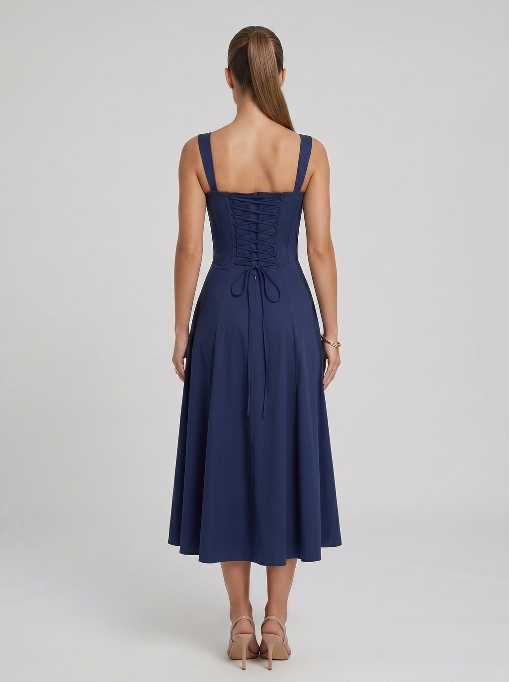 Adriana | Vestido Midi Azul Marinho com Corpete Franzido e Saia Evasê