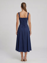 Adriana | Vestido Midi Azul Marinho com Corpete Franzido e Saia Evasê