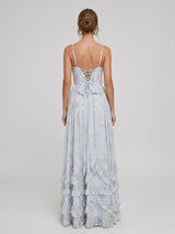 Lídia | Vestido Longo Floral em Tule com Fenda e Decote em V Profundo